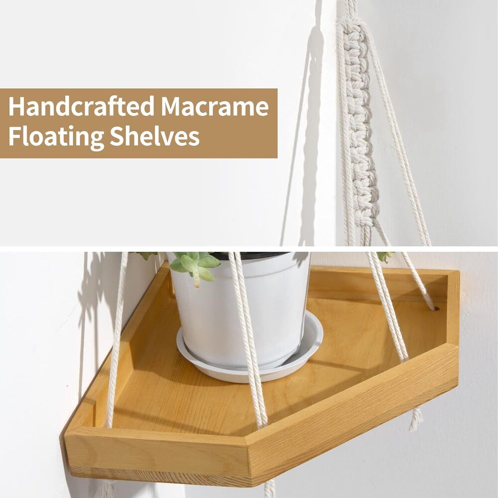 Hanging Corner Shelf Boho Rustic Farmhouse Macrame Pine Wood Decor Plant Display