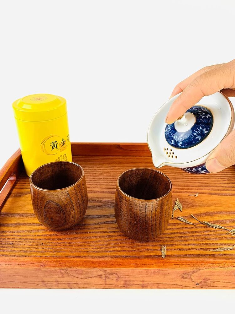Japanese Wooden Teacups with Saucers Zen Inspired Kitchen Decoration Gift 2 Pcs