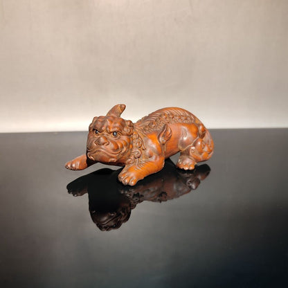 Set Chinese Unicorn Dragon Sculpture Statue Wooden Desk Room Carving Decor Fine