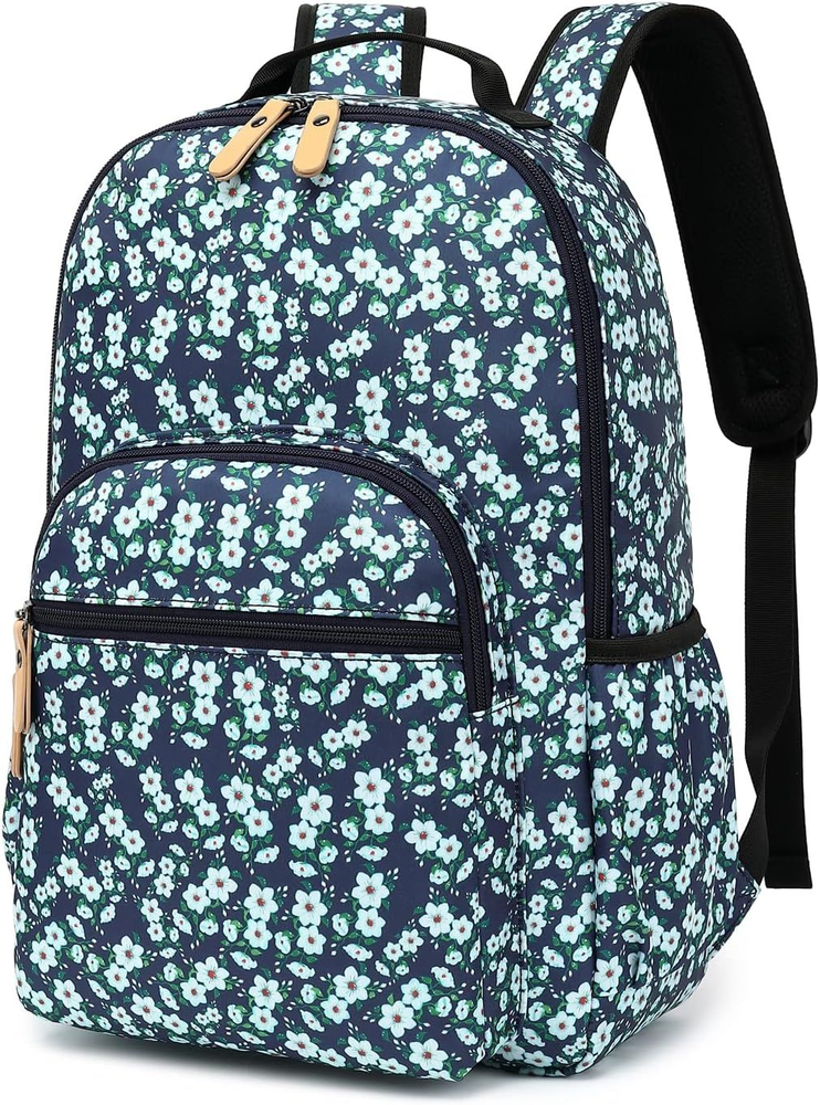 H HIKKER-LINK Womens Floral Laptop Backpack Casual Shoulder Bag Blue White-fr