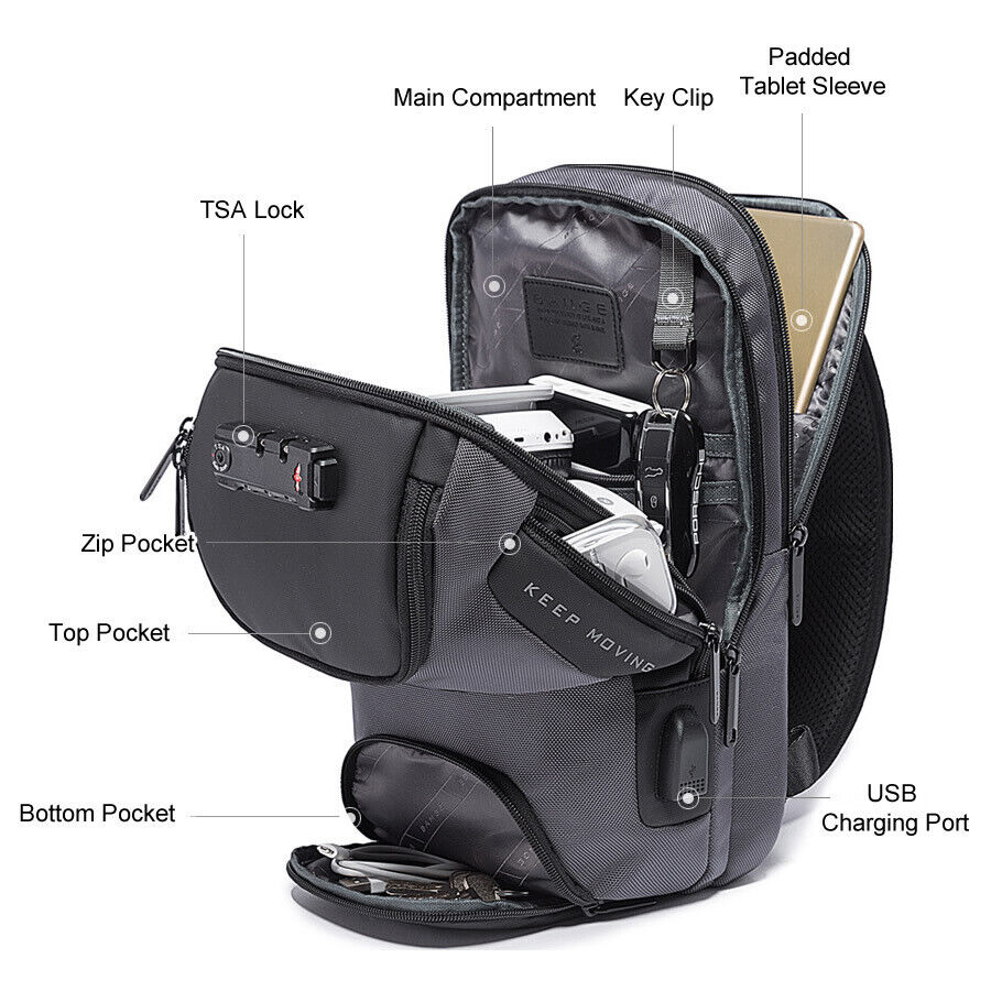 TSA Lock Charging Port Water Resistant Chest Pack Sling Bag One Strap Backpack