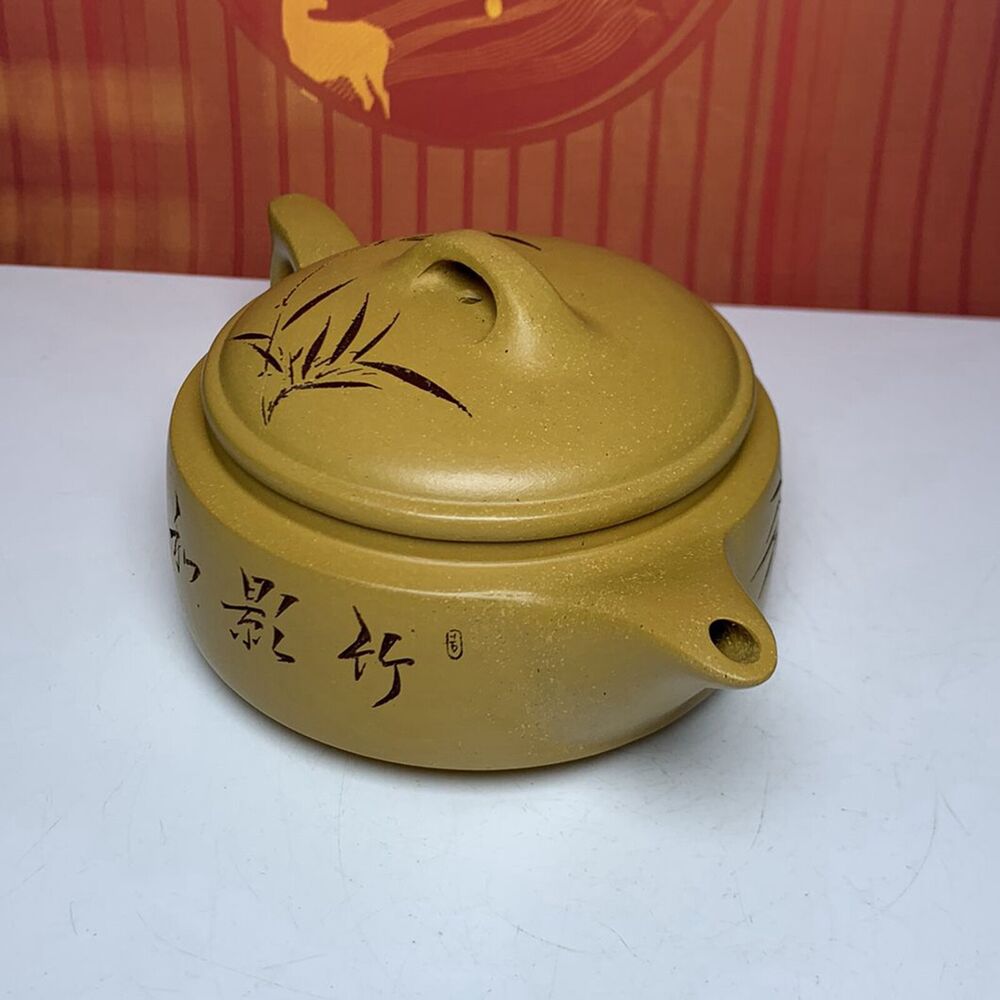 Vintage Chinese Yixing Purple Clay Teapot Zisha Ceramic Painted Bamboo Bird Rare