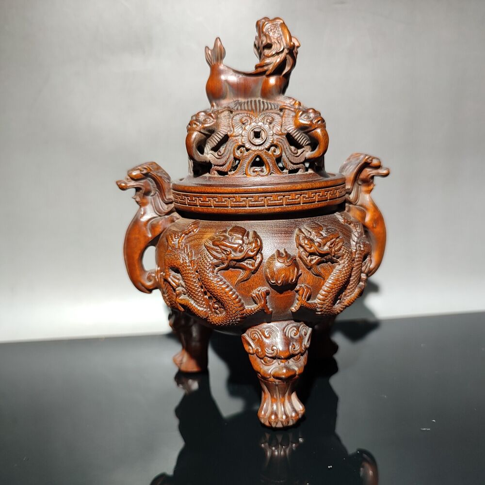 vintage Boxwood Tripod Censer incense holder dragon statue Essential oil incense