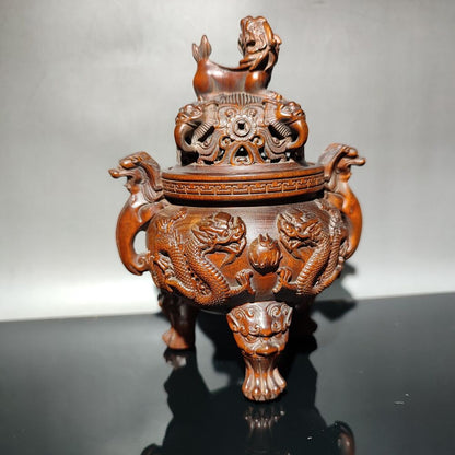 vintage Boxwood Tripod Censer incense holder dragon statue Essential oil incense