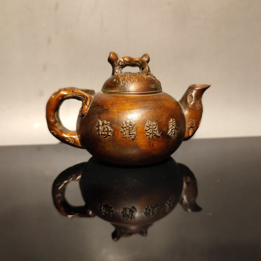 Chinese Antique Boxwood Carved Magpie Teapot Statue hobbies interests mahjong