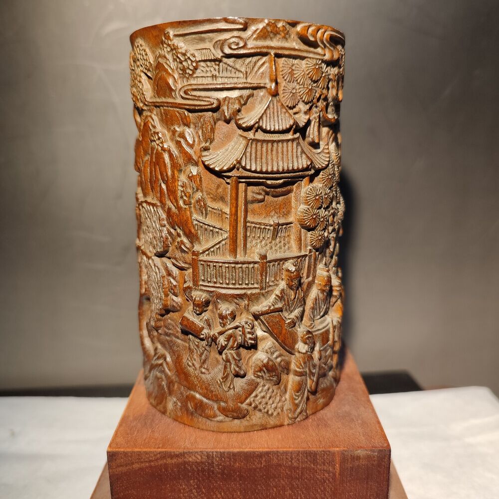 chinese carved brush pot pen case statue wood carving piano party story Study
