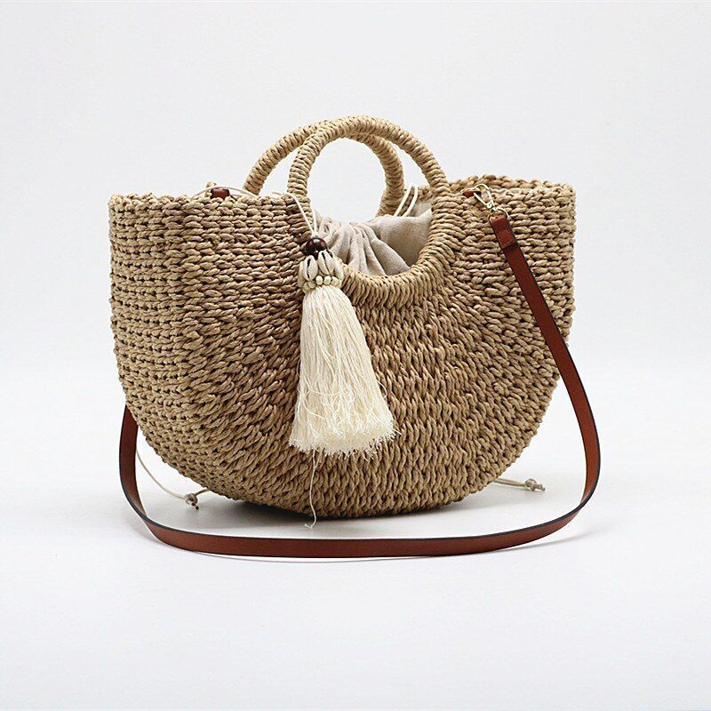 Straw Bag Spring/Summer Casual Round Handle Thick Woven Shopping Bag 36*23*11 CM