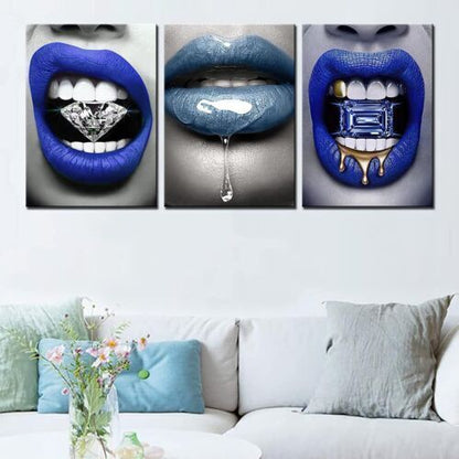 Abstract Blue Sexy Lips Makeup 3 Pieces Canvas Print Wall Art Home Decor Cuadros