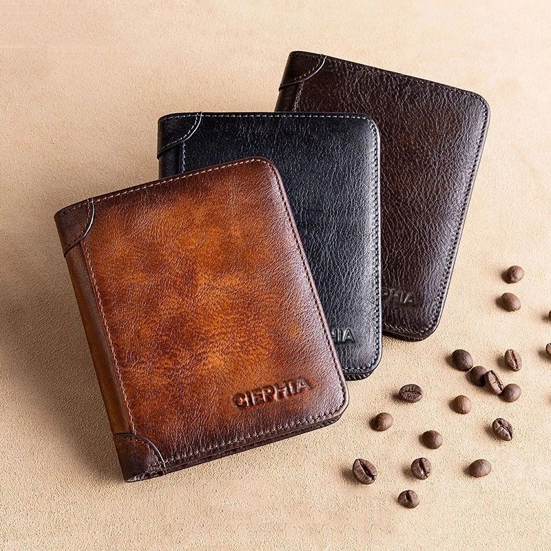 Genuine Leather Rfid Protection Wallets Vintage Thin Short Card Holder Money Bag