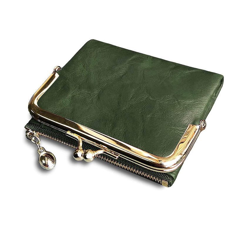 Wallet Short Bifold Retro Coin Purse Zip Kiss Lock Green Synthetic Leather Short