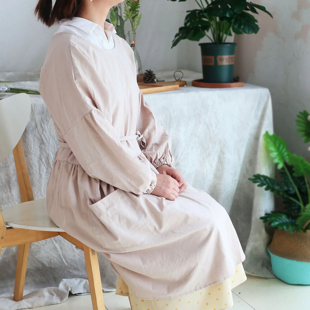 Women Apron Cotton Waterproof Reversible With Long Sleeves Cooking Cleaning Wear