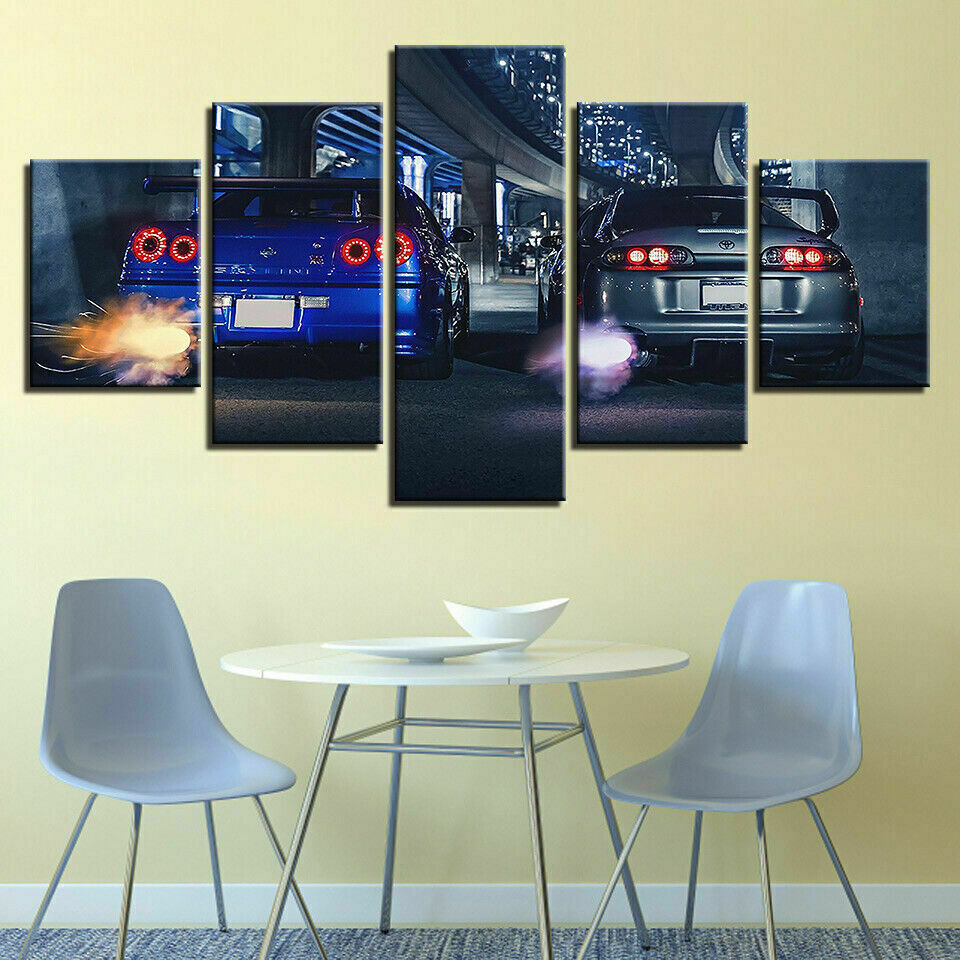 Nissan GTR R34 VS Supra Car Race 5 Piece canvas Wall Art Print Poster Home Decor