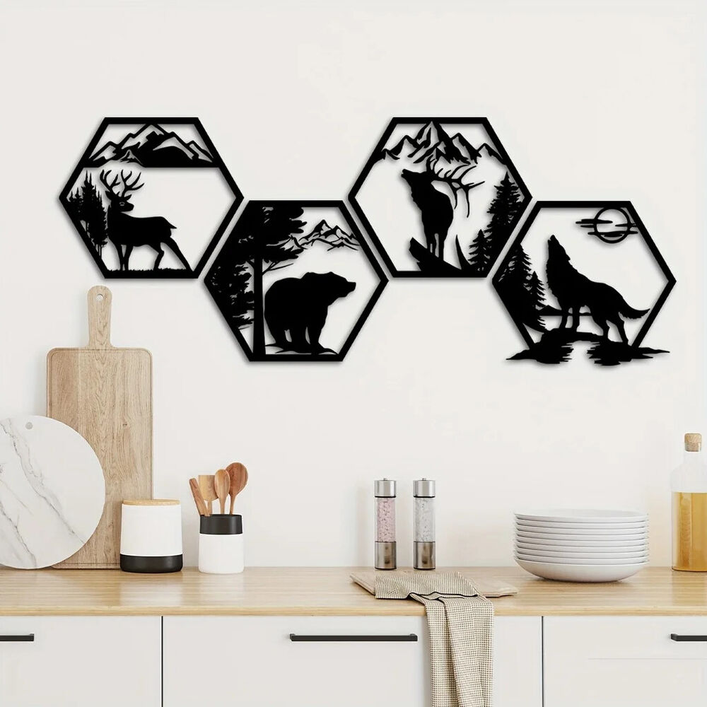 4pcs Decorative Frames Elk Deer Wolf Bear Hexagonal Metal Wall Sculpture Leaked