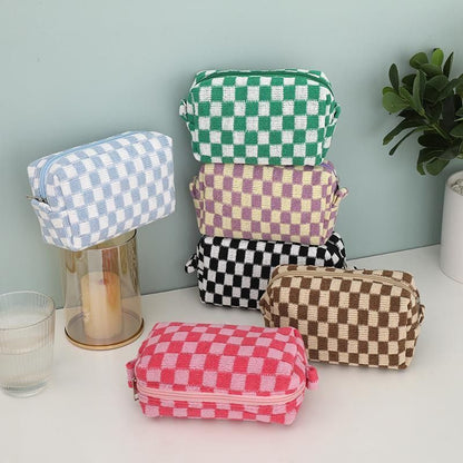 Checkerboard Knitted Cosmetic Bag Large Lattice Makeup Plaid Storage Organizer