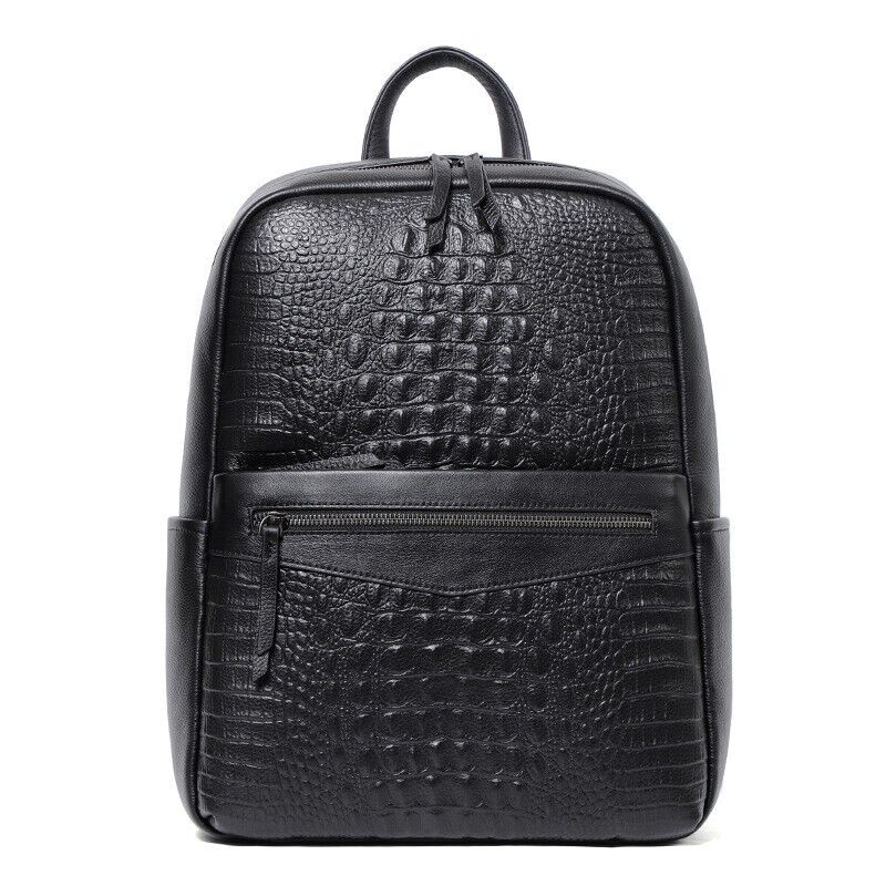 Top Cow Leather Black Men's Backpack, Crocodile Print Breathable Travel Bag