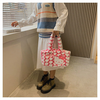 Women Plush Handbag Pink Hello Kitty Shoulder Bag Students Tote Bag Shopping