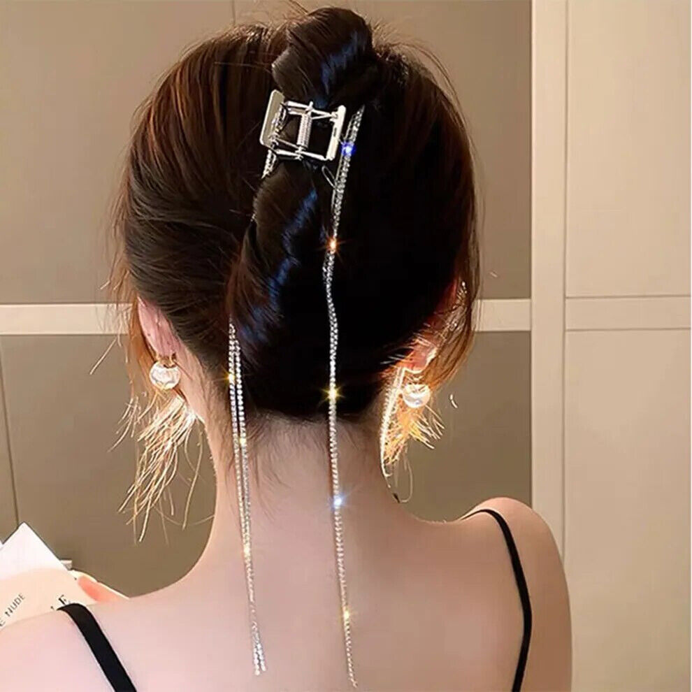 Women Tassel Hair Claws Clips Metal Shiny Rhinestones Long Chain Headwear 11x4cm