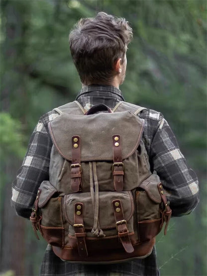 Military Retro Waterproof Oil Wax Canvas Backpack Large Capacity Man's Rucksack