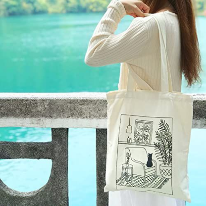 Kazova Cute Cat Cotton Canvas Tote Bag Minimalist Cactus Large, Art