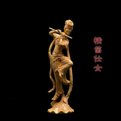 1set 4pcs Chinese Boxwood Huang-yang wood carving Flying Beauty girl Statue #66