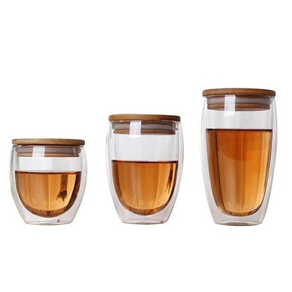 Double Glass Cup Coffee Mugs Tea Cup Tea Set Transparent Heat-resistant Wood Lid