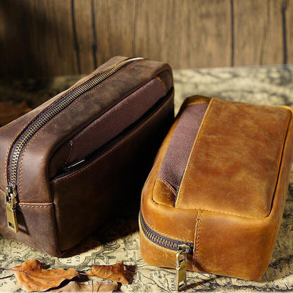 Handmade Cowhide Leather Pen Pouch Zipper Pencil Case Stationery Storage Pen Bag