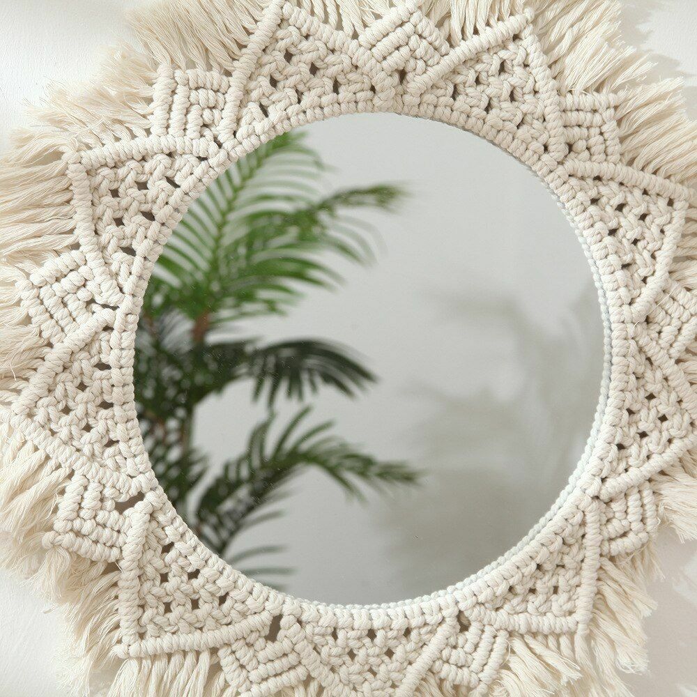 Wall Mirrors Macrame Boho Handmade Round Aesthetic Home Decor Glass Cotton 25cm