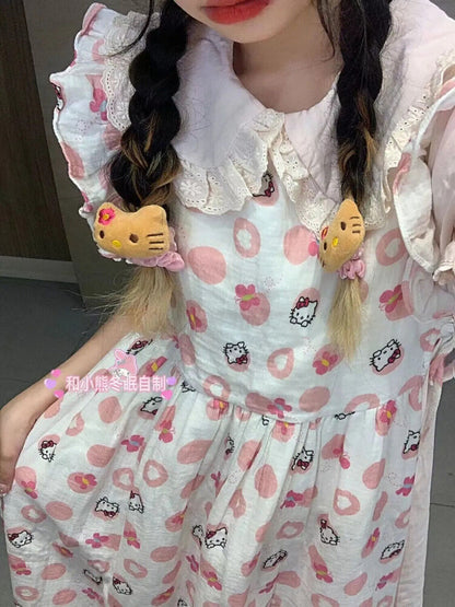 Japanese women's cute pink hello kitty printed dress + lining skirt suit sweet