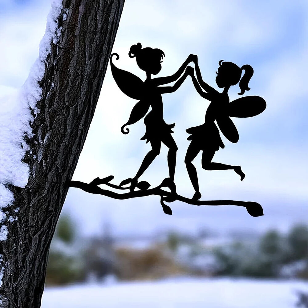 Garden with Two Elves On Branch Steel Silhouette Metal Wall Art