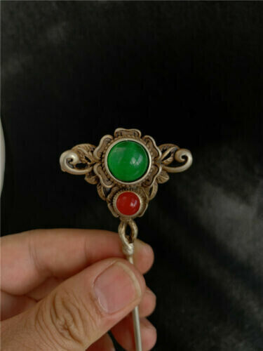 Antique Tibetan Silver inlay Red green gem jade Retro Hairpin Step shake