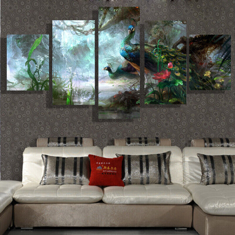 5 Pieces Canvas Wall Art Poster and Print Living Room Peacock No Framed