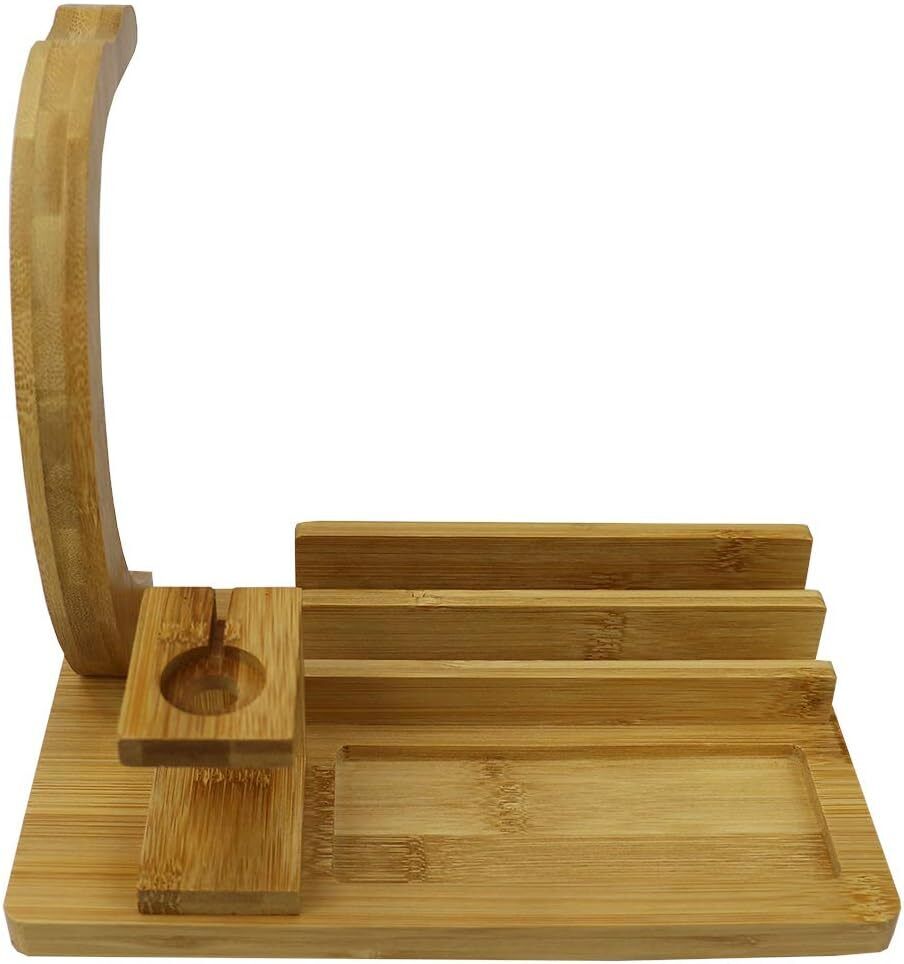 Multi-Purpose Wooden Headphone Station Bamboo Desk Organizer Home Office Decor