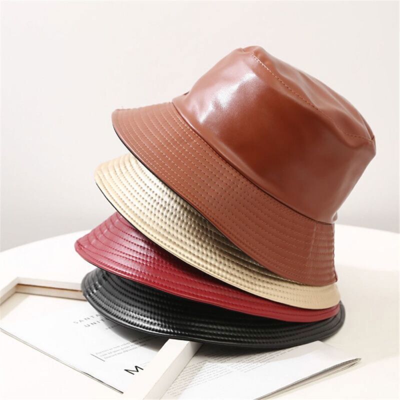Men Outdoor Waterproof Hiking PU Bucket Hat Fisherman Cap Leather Sun Caps
