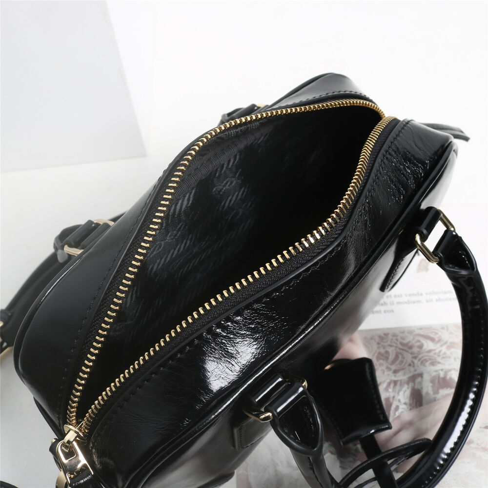 Small Glossy Real Leather Tote Boston Bowling Handbag Fashion Shoulder Bag Purse