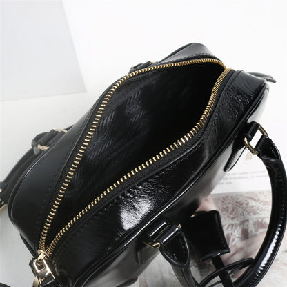 Small Glossy Real Leather Tote Boston Bowling Handbag Fashion Shoulder Bag Purse