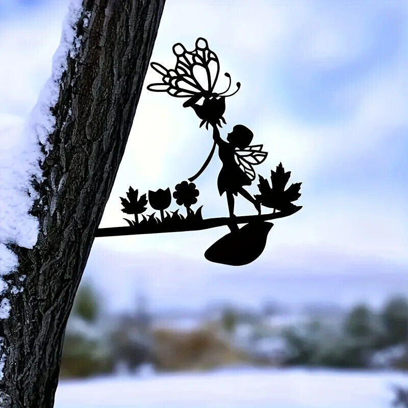Mushroom Fairy Wall Decoration, Metal Wall Art Tree Trunk Decoration Wooden Post