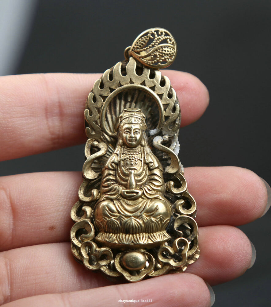 60MM Small Curio Chinese Bronze Buddhism Kwan-yin Guan Yin Goddess Pendant 永保平安
