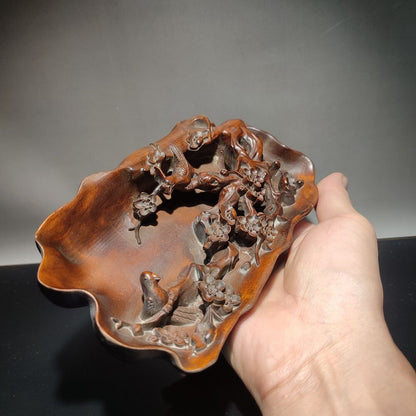 6" Carved Wood Decor Plum Blossom Magpie Statue Writing-Brush Washer Calligraphy