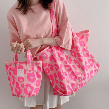 Pink Leopard Print Shoulder Bag Large Capacity Casual Cute Canvas Bucket Handbag