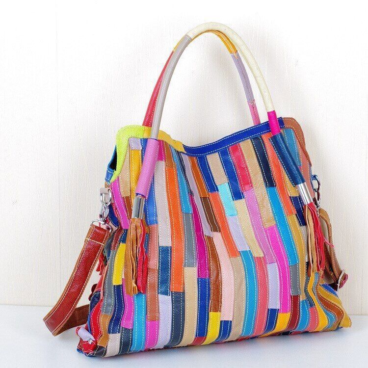 Genuine Leather Cowhide Bag Handmade FlowersShoulder Bag Female Handbag