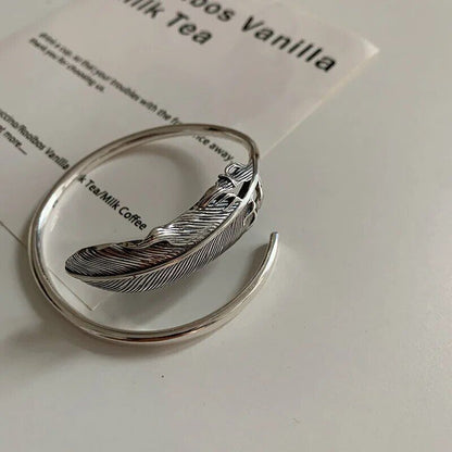 Vintage Handmade 925 Sterling Silver Creative Elegant Feather Bracelet Bangle