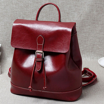 Genuine Leather Women's Drawstring Backpack Travel Bag Oil wax Leather Rucksack