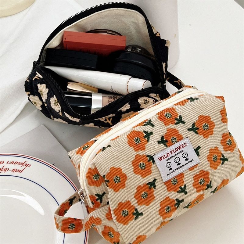 Corduroy Plaid Flower Cosmetic Lipstick Case Travel Makeup Bag 17*10*7/25*18*5CM