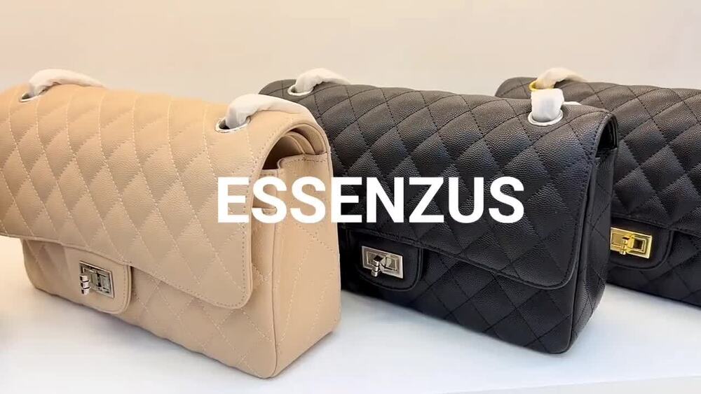 Quilted Real Leather Caviar Effect Double Flap Shoulder bag Handbag Purse Chains
