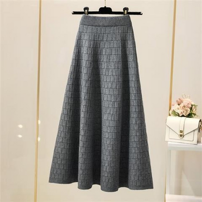 Elastic High Waist Knitted Skirt Women Plaid Solid Color A-line Bag Hip Skirt