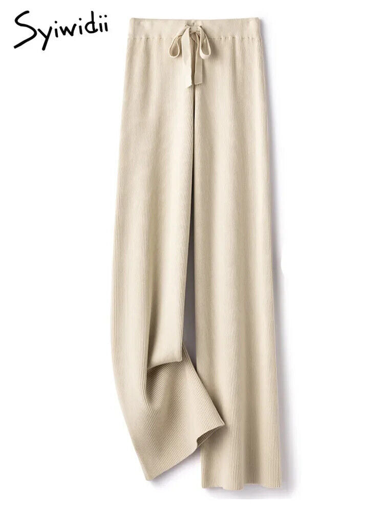 Women Pants Autumn Winter Wide Leg Pants Casual Drawstring Straight Wool Pants