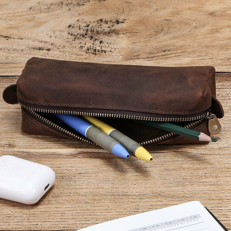 Handmade Cowhide Leather Pen Pouch Zipper Pencil Case Stationery Storage Pen Bag