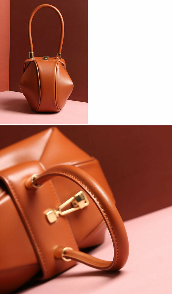 Real Leather Wonton Round Pouch Clutch Purse Top Handle Tote Handbag Grab Bag