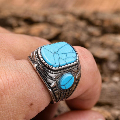 Mens Jewelry 316l Stainless Steel Oval Blue Turquoise Men Ring Stone Size 7-13