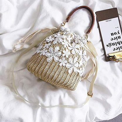 Straw Crossbody Bag, Women Beach Shoulder Summer Top Handle One Size, White
